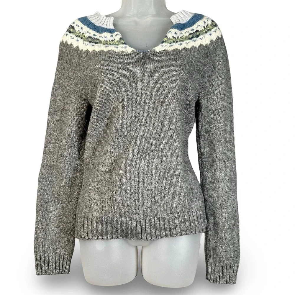 Old Navy Lambswool Fair Isle Sweater Womens M Gray Nordic Cabincore Cozy Knit